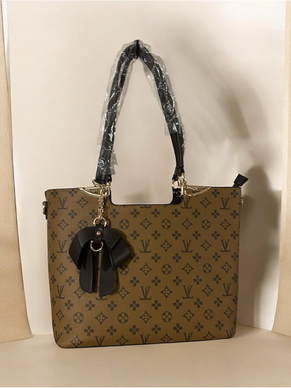 Inspired Brown Monogram Tote Bag with Black Handles